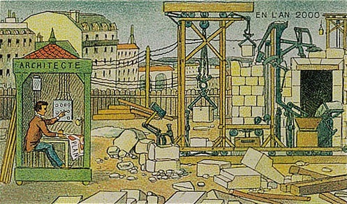 A drawing of a guy in a shack, operating robotic equipment on a building site with a Victorian look.