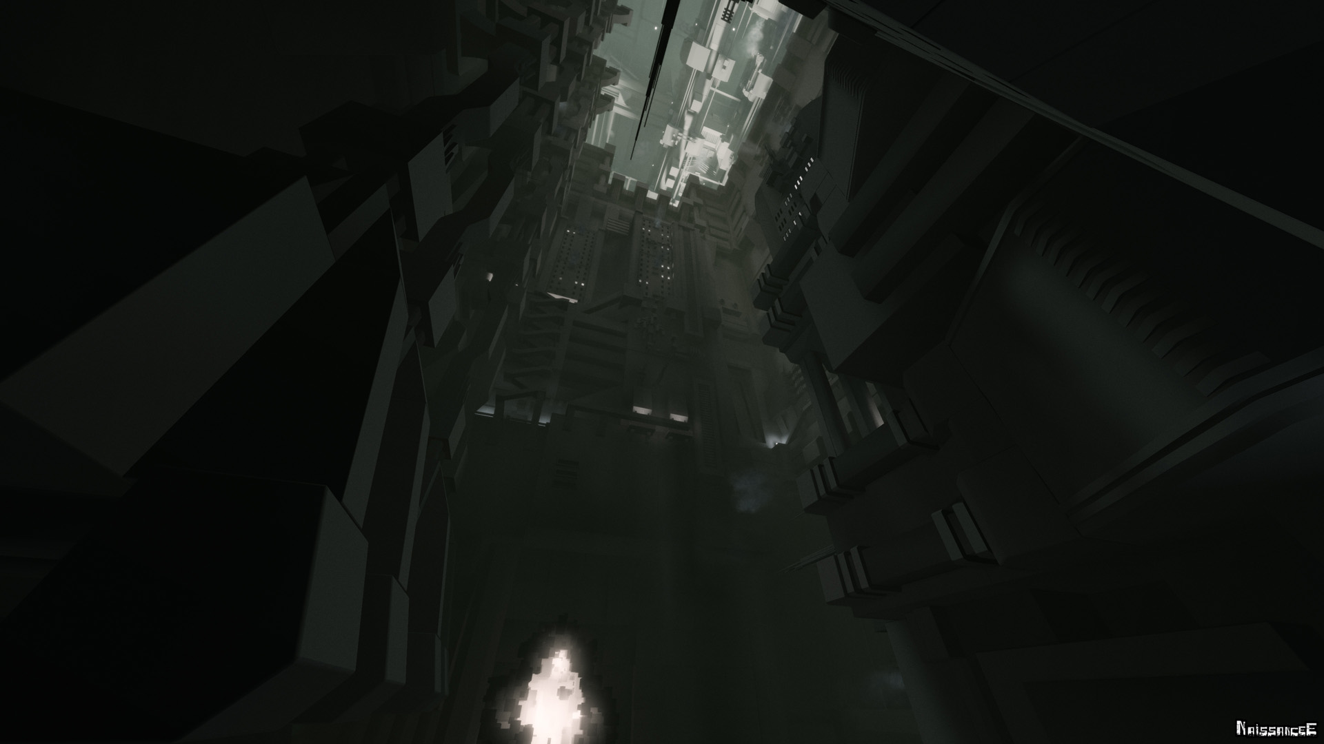 NaissanceE screenshot shows impossibly tall buildings with more buildings in the sky above.