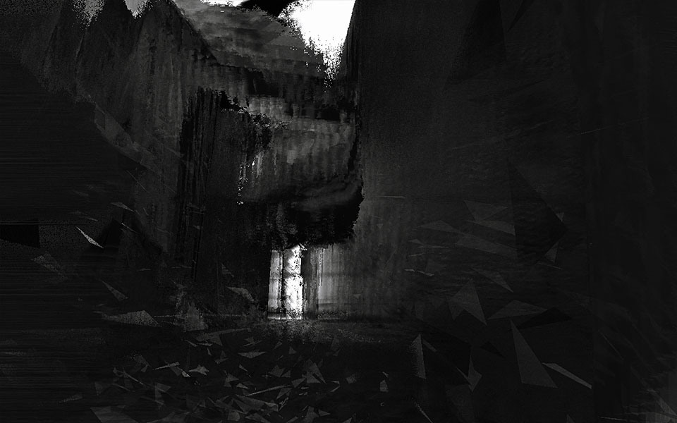 An incoherent swarm of polygons suggests light spilling from a door in a dark corner
