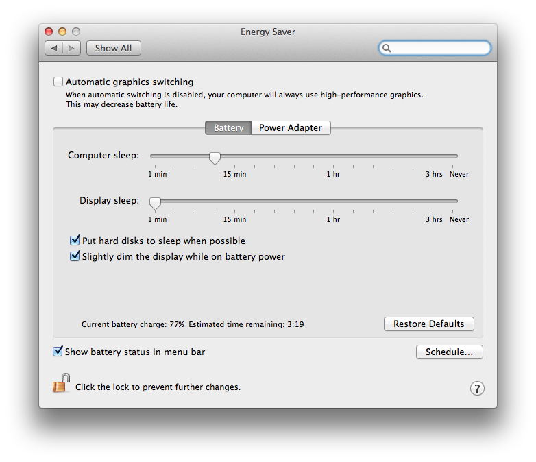 Mac OS 10.8 Energy Saving preference pane