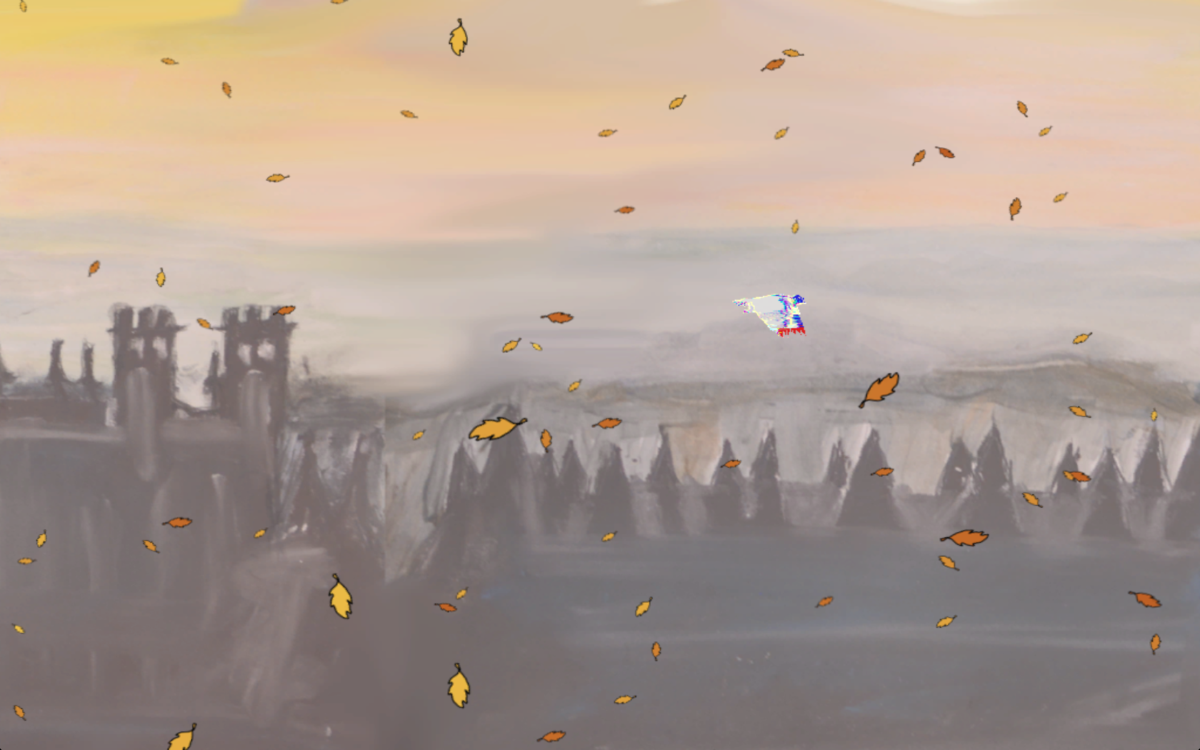 Screenshot: Glitch pigeon in a painted autumn sky.