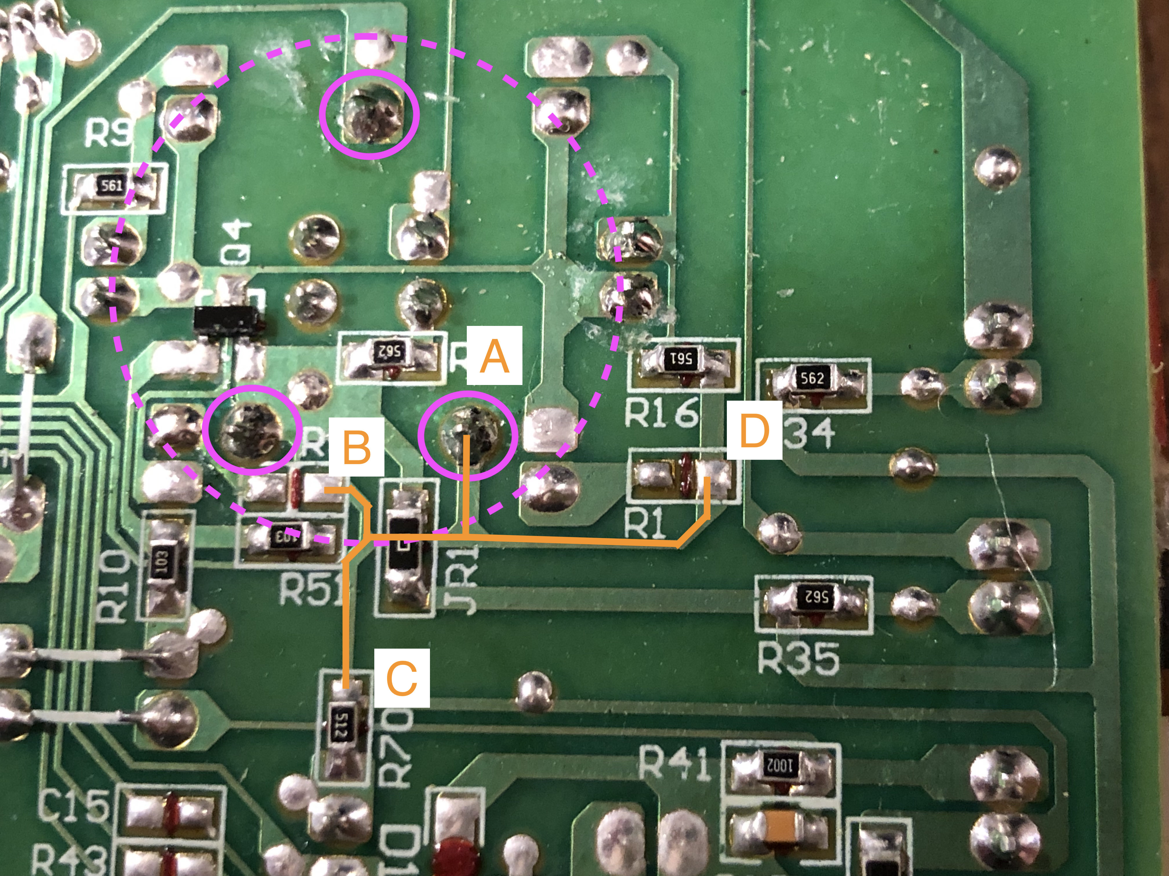 I've added some labels to the four solder terminals of this fragment of circuit Discontinuous circuit with labelled terminals