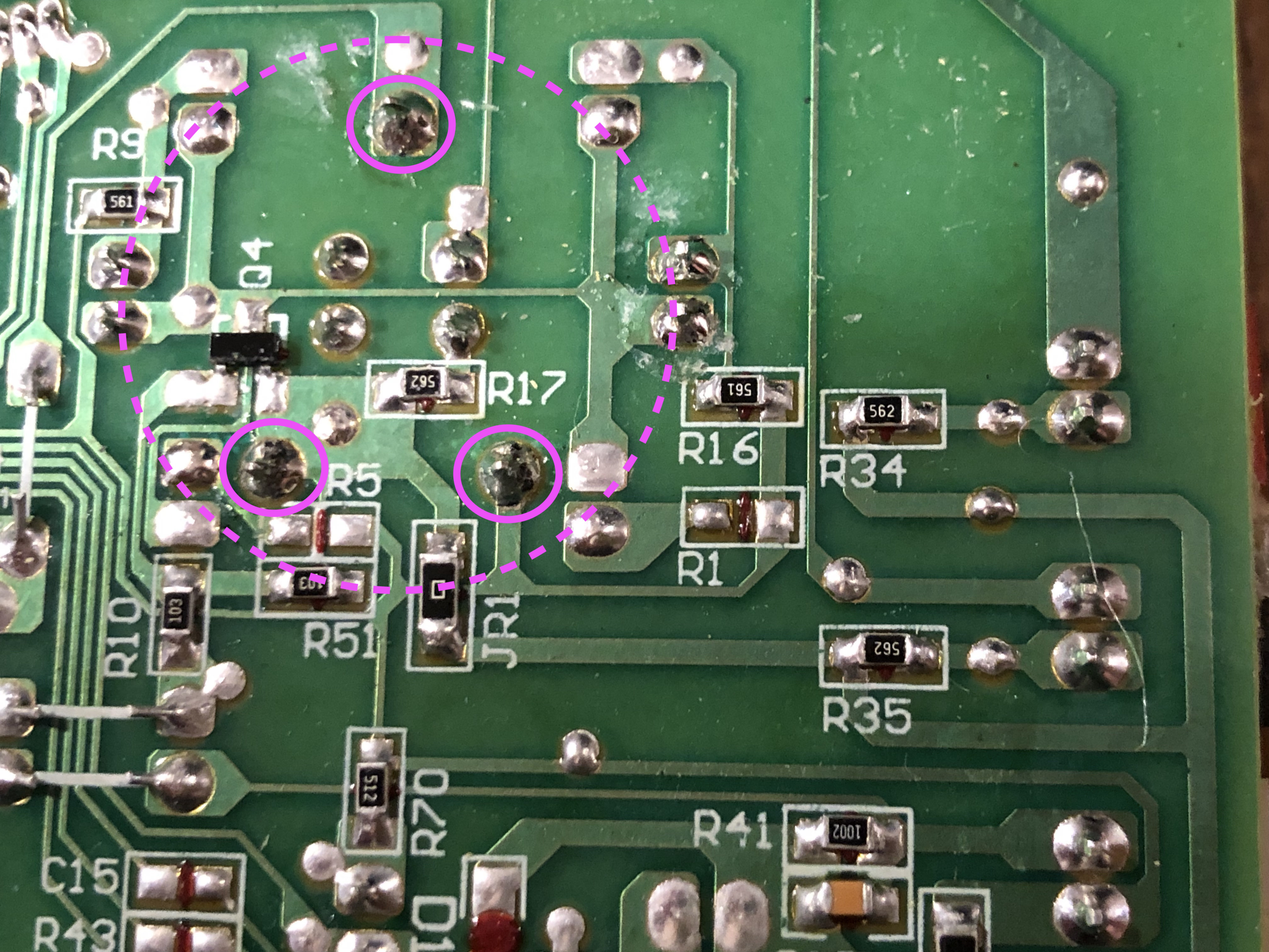 General location of the component, with its three pins circled in magenta.