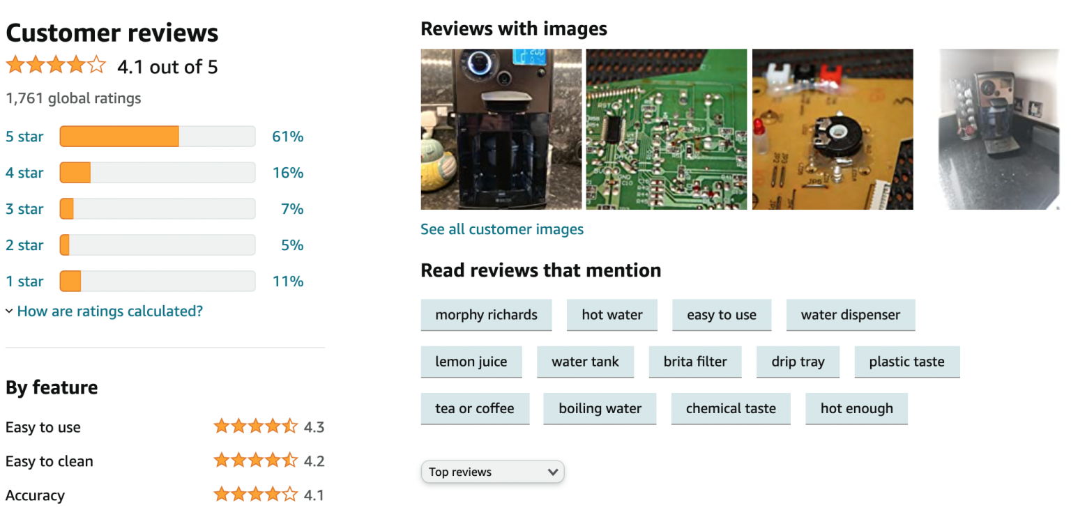 clip of amazon reviews with a carousel of user photos shows someone has photographed a circuit board… intriguing…