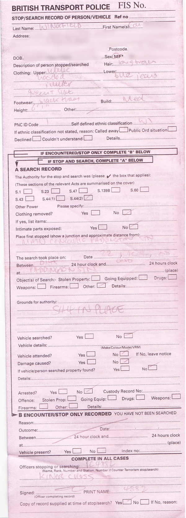 Scanned copy of a British Transport Police "Stop/Search record of person/vehicle", boxes have been filled in with faint carbon-copy handwriting; some personal details redacted.